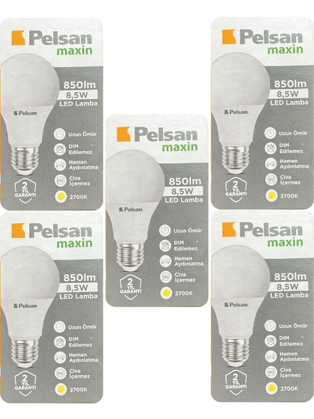 (5 Adet) Pelsan 8,5W 2700K (Sarı Işık) E27 Duylu (Kalın Duy) Led Ampul