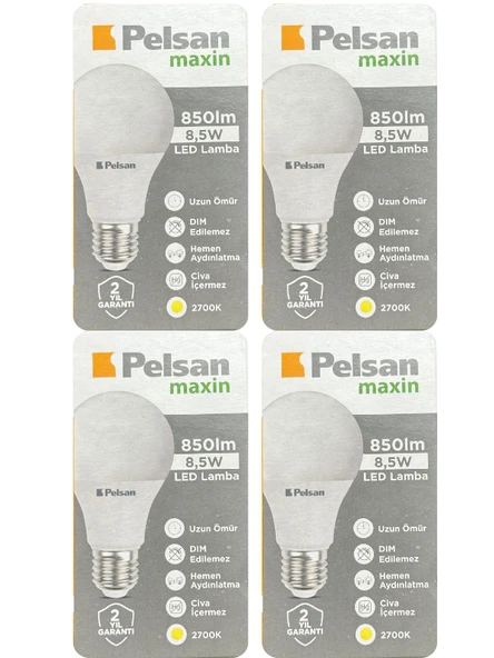 (4 Adet) Pelsan 8,5W 2700K (Sarı Işık) E27 Duylu (Kalın Duy) Led Ampul