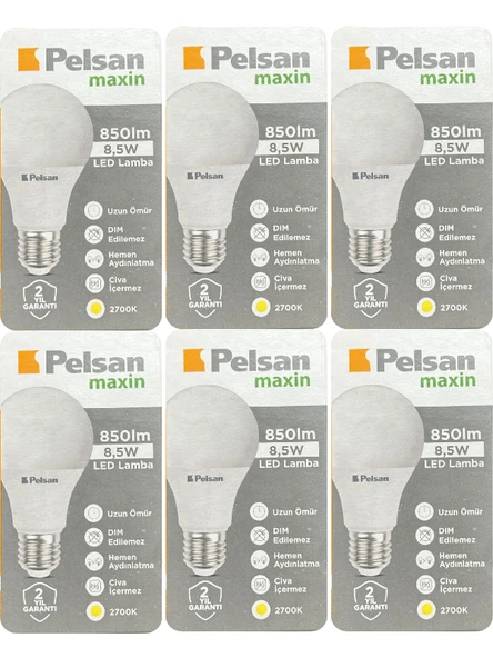 (6 Adet) Pelsan 8,5W 2700K (Sarı Işık) E27 Duylu (Kalın Duy) Led Ampul