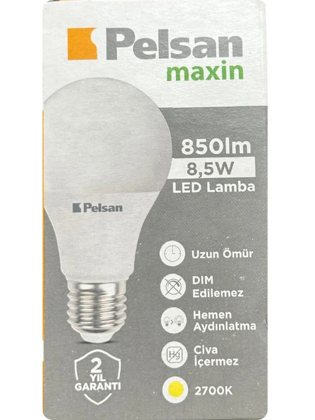 (5 Adet) Pelsan 8,5W 2700K (Sarı Işık) E27 Duylu (Kalın Duy) Led Ampul - Resim 2