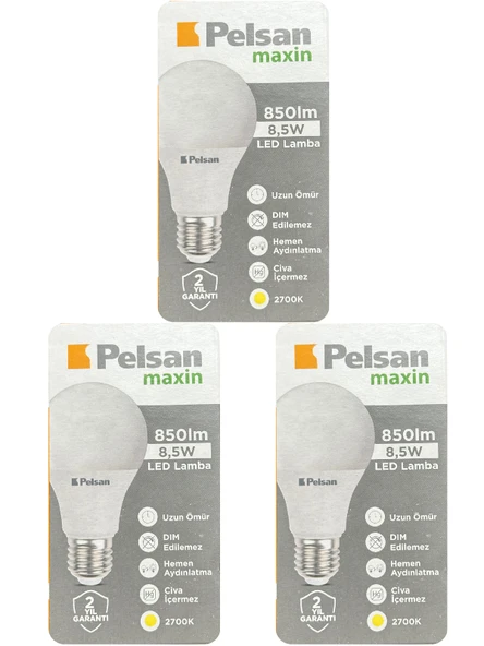 (3 Adet) Pelsan 8,5W 2700K (Sarı Işık) E27 Duylu (Kalın Duy) Led Ampul