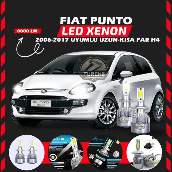 Fiat Punto 2006-2017 Uzun - Kısa Far Uyumlu Şimşek Etkili Led Xenon Performance Series H4