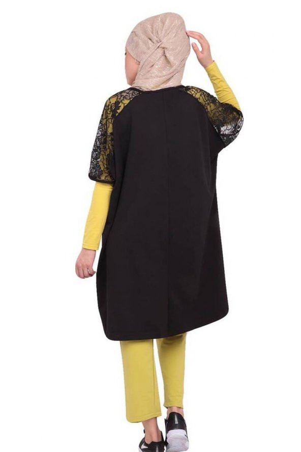 Lolitam Kolları Güpürlü Sarı-Siyah Tesettür Pijama Takımı 3  lü 10909 | Yeşil - 1