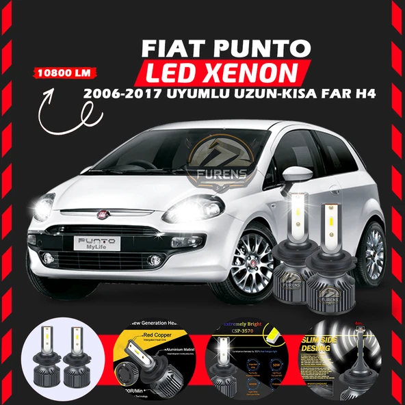 Fiat Punto 2006-2017 Uzun - Kısa Far Uyumlu Şimşek Etkili Led Xenon Premium Series H4
