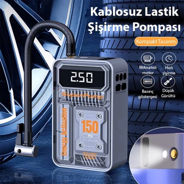 Coofbe 60W 30000rpm Şarjlı Kablosuz 150psi Araç Lastik Pompası Tüm Araçlara Uyumlu Hava Kompresör - 4
