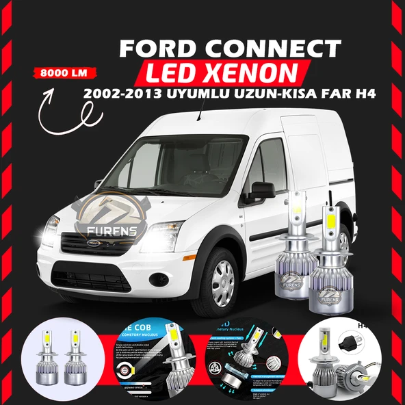 Ford Connect 2002-2013 Uzun - Kısa Far Uyumlu Şimşek Etkili Led Xenon Performance Series H4