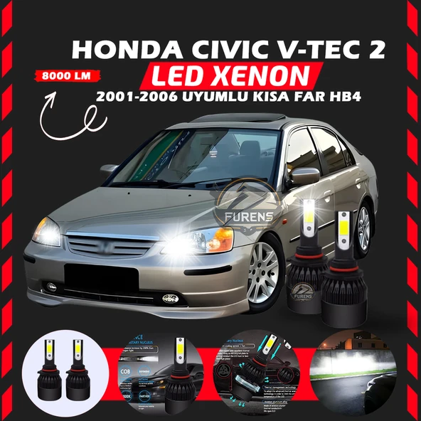 Honda Civic V-TEC 2 2001-2006 Kısa Far Uyumlu Şimşek Etkili Led Xenon Light Series HB4 ürün görseli 1