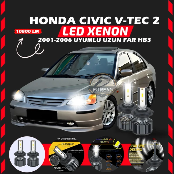 Honda Civic V-TEC 2 2001-2006 Uzun Far Uyumlu Şimşek Etkili Led Xenon Premium Series HB3