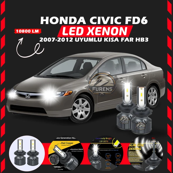 Honda Civic FD6 2007-2012 Kısa Far Uyumlu Şimşek Etkili Led Xenon Premium Series HB3
