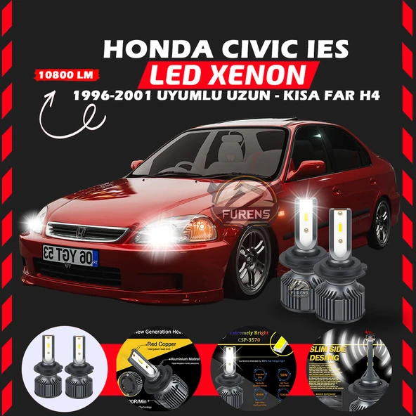Honda Civic İES 1996-2001 Uzun-Kısa Far Uyumlu Şimşek Etkili Led Xenon Premium Series H4