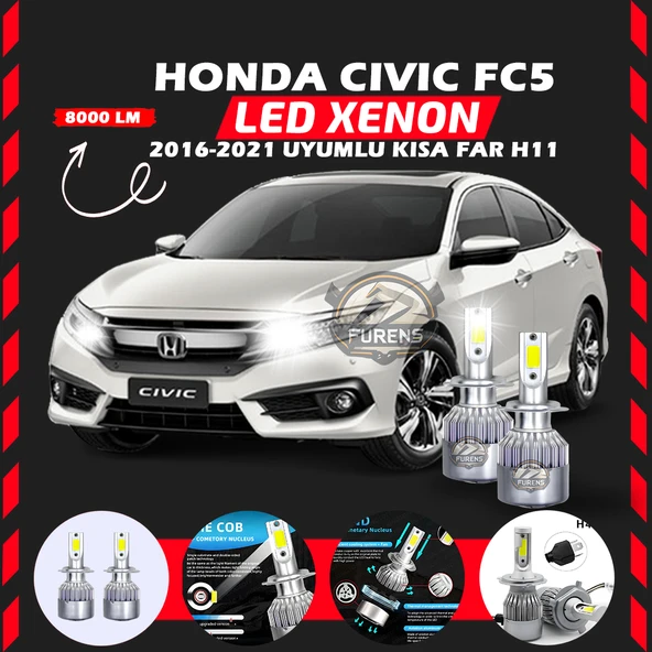 Honda Civic FC5 2016-2021 Kısa Far Uyumlu Şimşek Etkili Led Xenon Performance Series H11 - 6