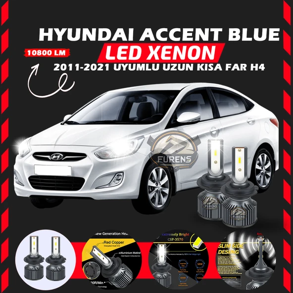 Hyundai Accent Blue 2011-2021 Uzun-Kısa Far Uyumlu Şimşek Etkili Led Xenon Premium Series H4