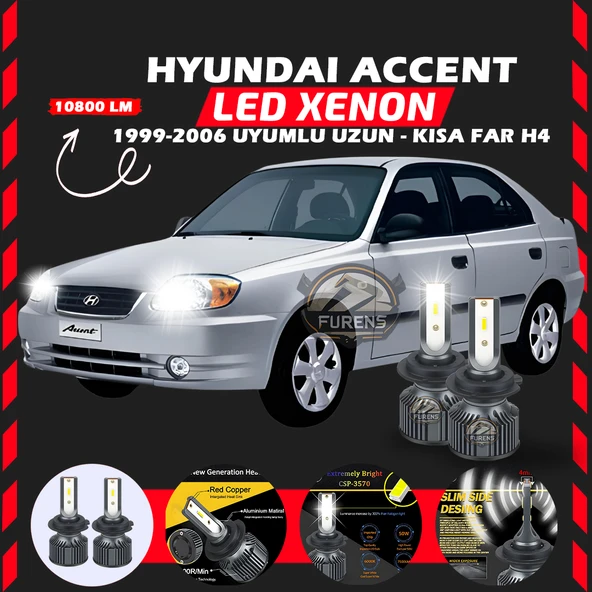 Hyundai Accent Admira 1999-2006 Uzun-Kısa Far Uyumlu Şimşek Etkili Led Xenon Premium Series H4 - Resim 8