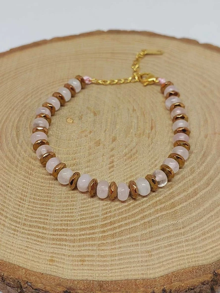 Pembe Kuvars Taşı Tasarım Bileklik (55926) - Resim 4