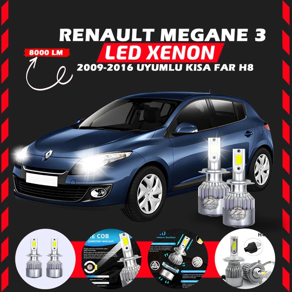 Renault Megane 3 2009-2016 Kısa Far Uyumlu Şimşek Etkili Led Xenon Performance Series H8
