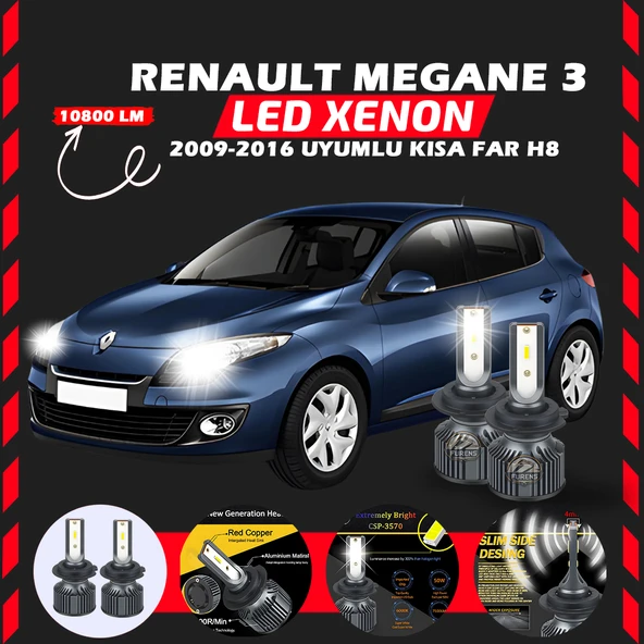 Renault Megane 3 2009-2016 Kısa Far Uyumlu Şimşek Etkili Led Xenon Premium Series H8