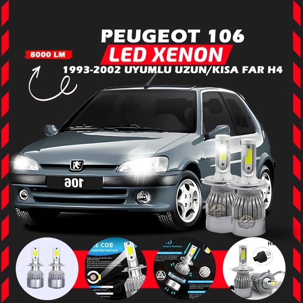 Peugeot 106 1993-2002 Uzun-Kısa Far Uyumlu Şimşek Etkili Led Xenon Performance Series H4