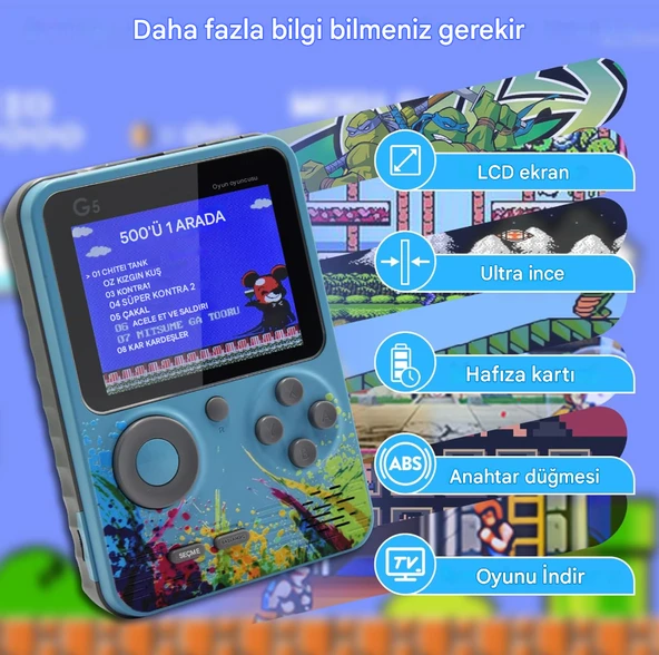 QASUL G5 500 Klasik Oyun Çok Oyunculu Joystick 3.0 inç Ekran Gamepad 1020 MAH Şarj Edilebilir Pil Hediye - 5