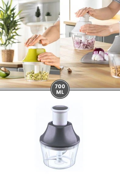 Flosoft Paslanmaz Çelik Bıçak Manuel Doğrayıcı Rondo, 3 Bıçaklı Üstten Basmalı El Robotu 700 ml Gri - 2