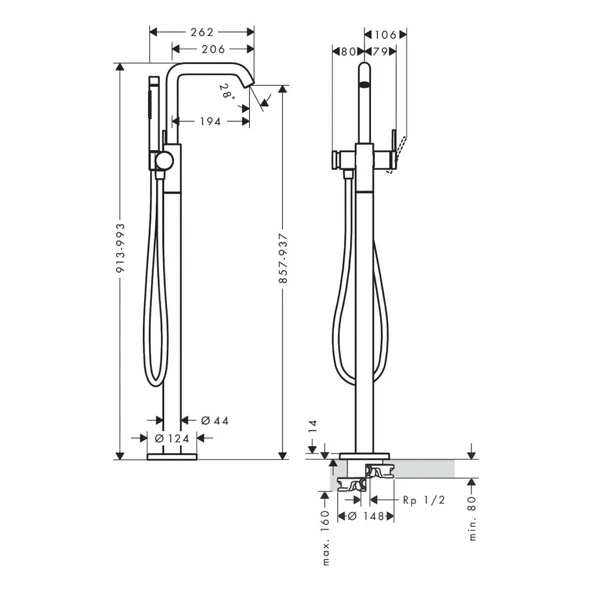 Hansgrohe Tecturis S Tek Kollu Küvet Bataryası Satin Siyah-73440670 - 3