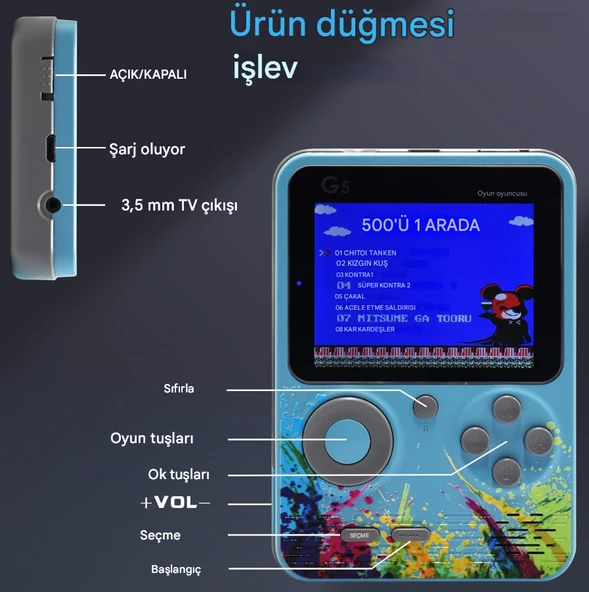 QASUL G5 500 Klasik Oyun Çok Oyunculu Joystick 3.0 inç Ekran Gamepad 1020 MAH Şarj Edilebilir Pil Hediye - 3