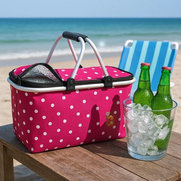 Kulplu katlanır Alüminyum Çerçeveli Termo Çanta Puantiyeli Pembe 25 Litre ürün görseli