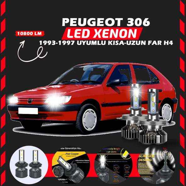 Peugeot 306 1993-1997 Uzun Kısa Far Uyumlu Şimşek Etkili Led Xenon Premium Series H4