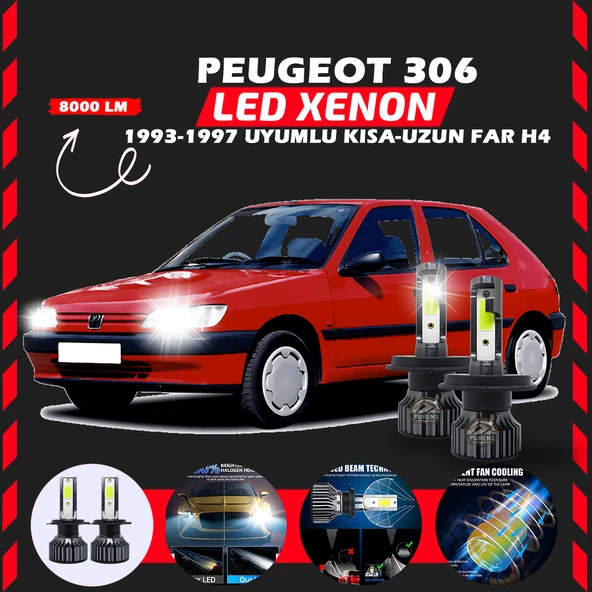 Peugeot 306 1993-1997 Uzun Kısa Far Uyumlu Şimşek Etkili Led Xenon Pro Series H4 - Resim 7
