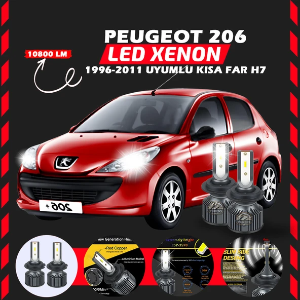 Peugeot 206 1996-2011 Kısa Far Uyumlu Şimşek Etkili Led Xenon Premium Series H7