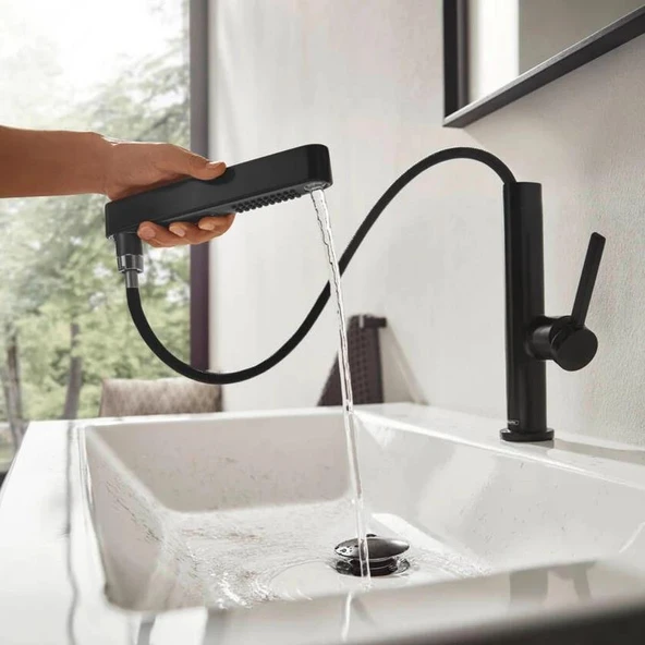 Hansgrohe Finoris Lavabo Bataryası 230 Spiralli 2 jet Bas-Aç gider seti ile Satin siyah 76063670 - 2
