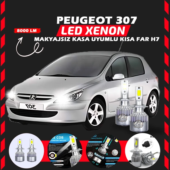 Peugeot 307 Makyajsız Kasa Kısa Far Uyumlu Şimşek Etkili Led Xenon Performance Series H7