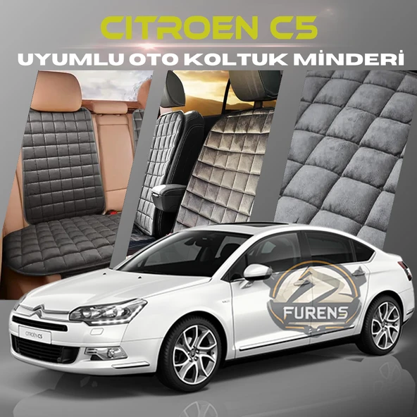 Citroen C5 Antrasit Renk Tay Tüyü Cepli & Terletmez Sırtlı Oto Koltuk Minder Seti - Koltuk Koruma Kılıfı (ÖN & ARKA TAM SET)