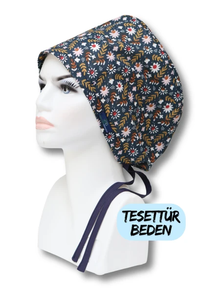 Tesettür Beden Yapraklı Lacivert Papatyalar Cerrahi Bone Doktor Hemşire Sağlıkçı Hastane Bonesi