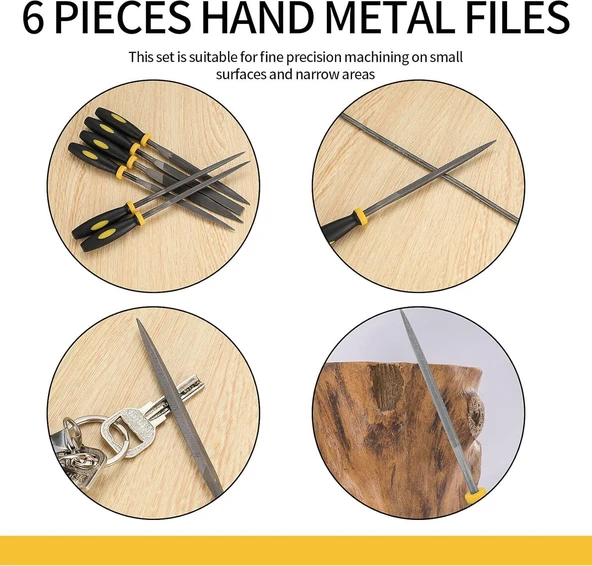 6 Parça Kauçuk Saplı Mini Eğe Set 18 Cm Eğe Törpü Seti Hassas Çelik Anahtar Deri Metal Hobi Eğe Set - 6