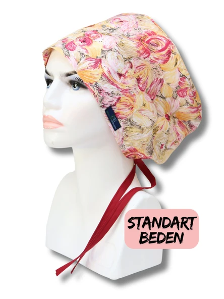 Standart Beden Yağlı Boya Çiçekler Sarı Cerrahi Bone Doktor Hemşire Sağlıkçı Hastane Bonesi