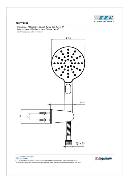 Eca Purity Plus Mafsallı El Duş Seti (3 Fonksiyonlu) 102117401 - 2