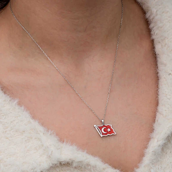 Gümüş Türk Bayrağı Kadın Kolye - Resim 6