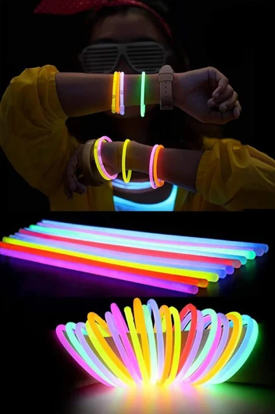 50 Adet Glow Işık Bileklik Fosforlu Yılbaşı Gece Kulüp Konser Parti Bilekliği Neon Stick Çubuk 20 cm