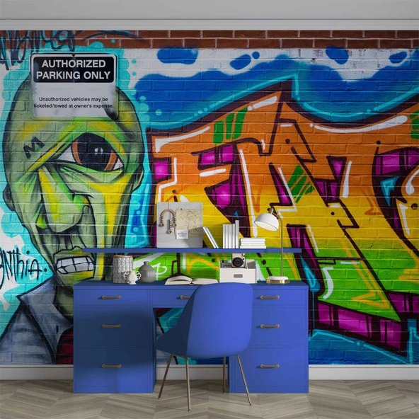 Grafitti Mavi Yeşil Temalı Duvar Kağıdı - 4