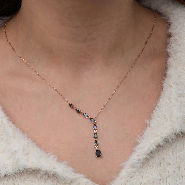 Gümüş Sıralı Mistik Topaz Taşlı Damla Rose Kadın Kolye SL9975 - Resim 6