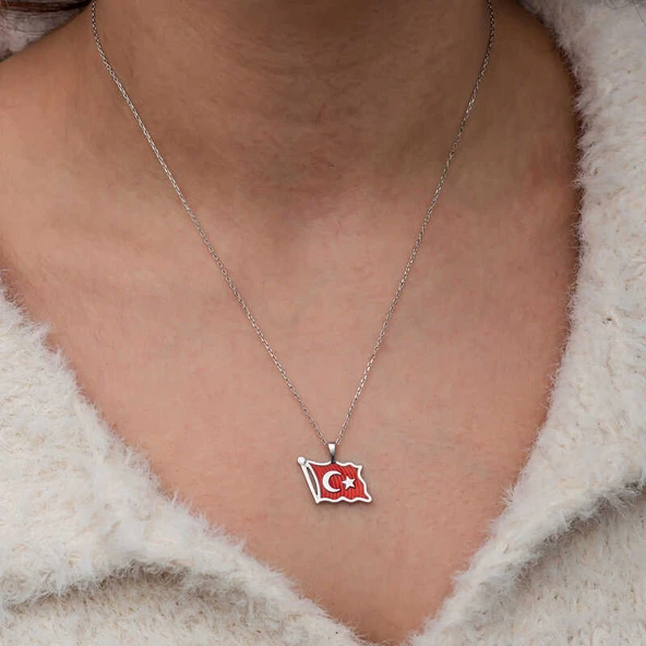 Gümüş Türk Bayrağı Kadın Kolye - Resim 5