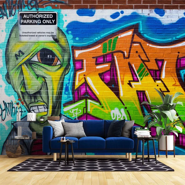 Grafitti Mavi Yeşil Temalı Duvar Kağıdı