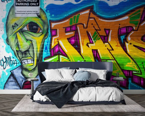 Grafitti Mavi Yeşil Temalı Duvar Kağıdı - 2