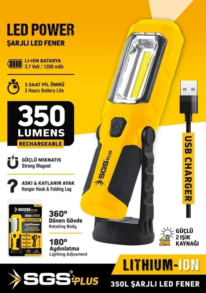 SGS PLUS Sgs5054 Şarjlı El Feneri Led Ampul 350 Lumen 3.7 Volt Mıknatıslı - 2