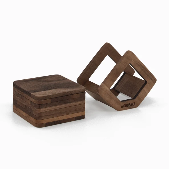 Woodsaka Üçgen Bardak Atlığı Seti - 8 Bardak Altlığı ve Özel Kutusu ile Birlikte - Ceviz - 3