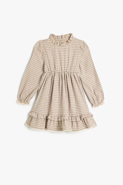 Koton Kız Bebek Ekoseli Fırfır Detaylı Hakim Yaka Pamuklu Midi Elbise