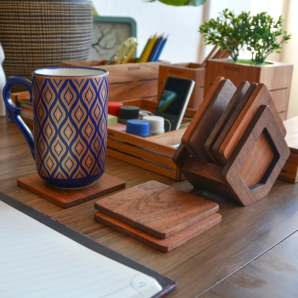 Woodsaka Üçgen Bardak Atlığı Seti - 8 Bardak Altlığı ve Özel Kutusu ile Birlikte - Ceviz - 5