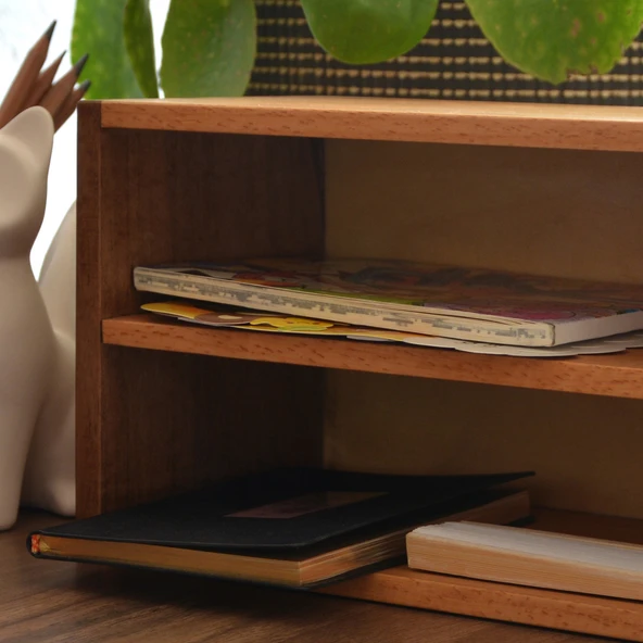 Woodsaka Desna İki Katlı Açık Raf & Dekoratif Sergileme Ünitesi & Çok Amaçlı Düzenleyici - Ceviz ve Gürgen Ağacından - 6