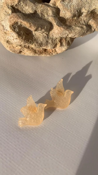 Sedefli Parlak Turuncu Renkli Güvercin Şekil Gold Aksesuarlı Epoksi Küpe El Yapımı Hediyelik ürün görseli