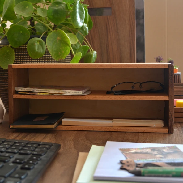 Woodsaka Desna İki Katlı Açık Raf & Dekoratif Sergileme Ünitesi & Çok Amaçlı Düzenleyici - Ceviz ve Gürgen Ağacından - 5